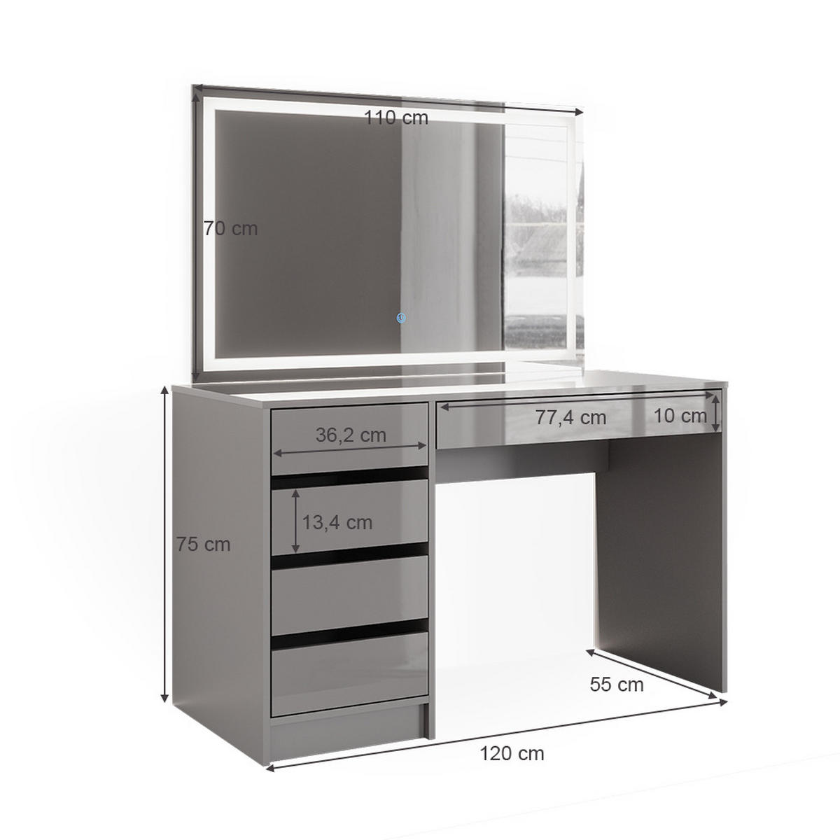 SCHMINKTISCH Sherry Grau 120 cm mit LED-Spiegel - Grau, Holzwerkstoff (120/75/55cm) - Vicco