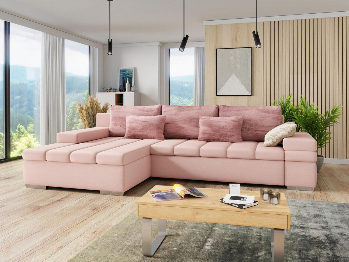 ECKSOFA Bangkok Premium, Seite: Links - Hellrosa/Silberfarben, Holz/Textil (310/175cm) - MIRJAN24