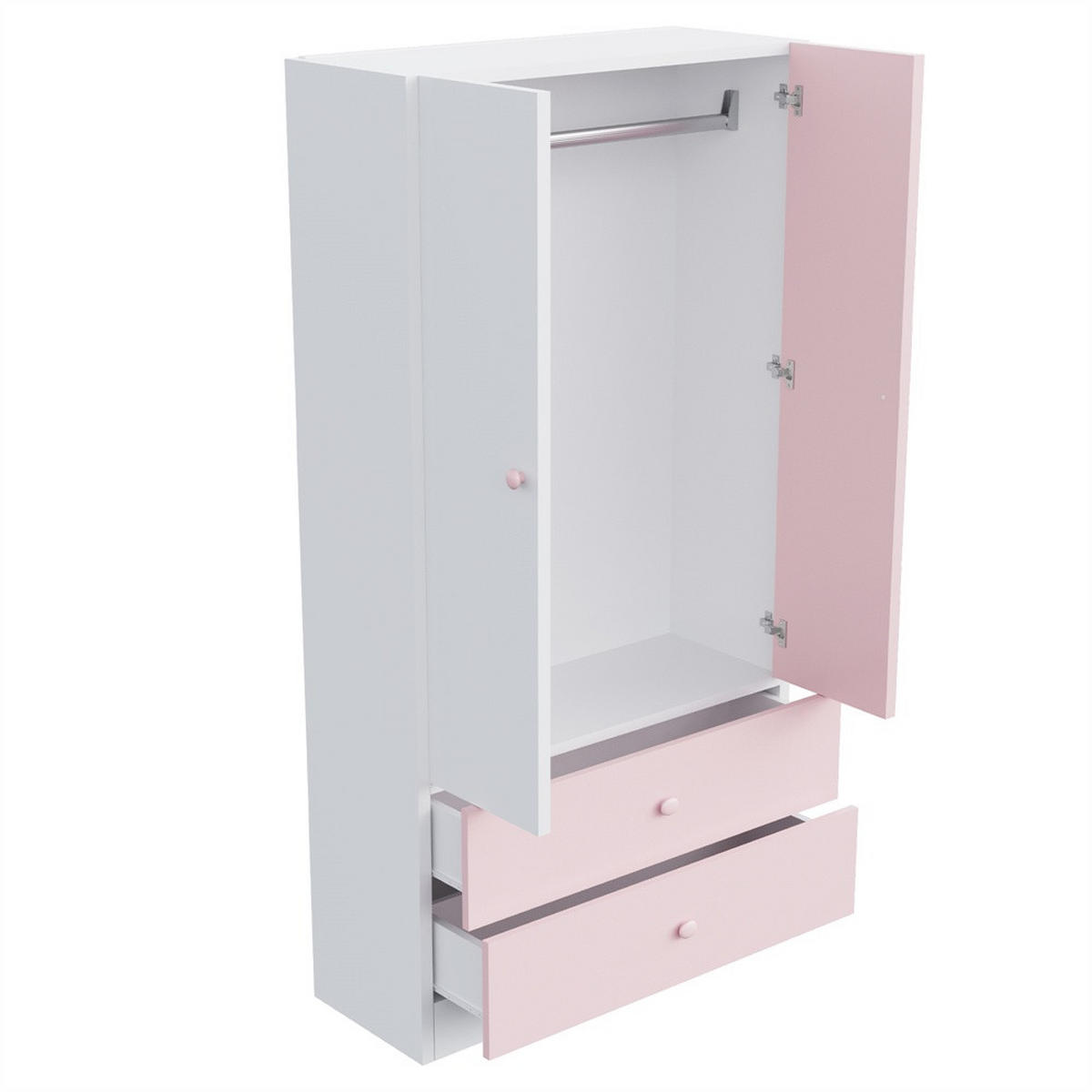 KLEIDERSCHRANK mit 2 Türen & 2 Schubladen und rosa Griffen 70x40x170 cm - Farbblock-Design - Rosa & Weiß - Pink, Holzwerkstoff (70/170/40cm) - DELFA