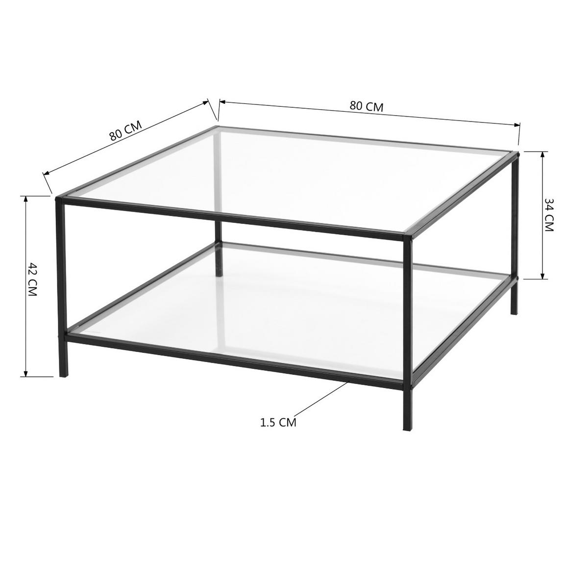 COUCHTISCH Glasplatte kratzfest & Metallgestell stabil 80X80cm - Transparent/Schwarz, Glas/Metall (80/80/42cm) - Urban Meuble