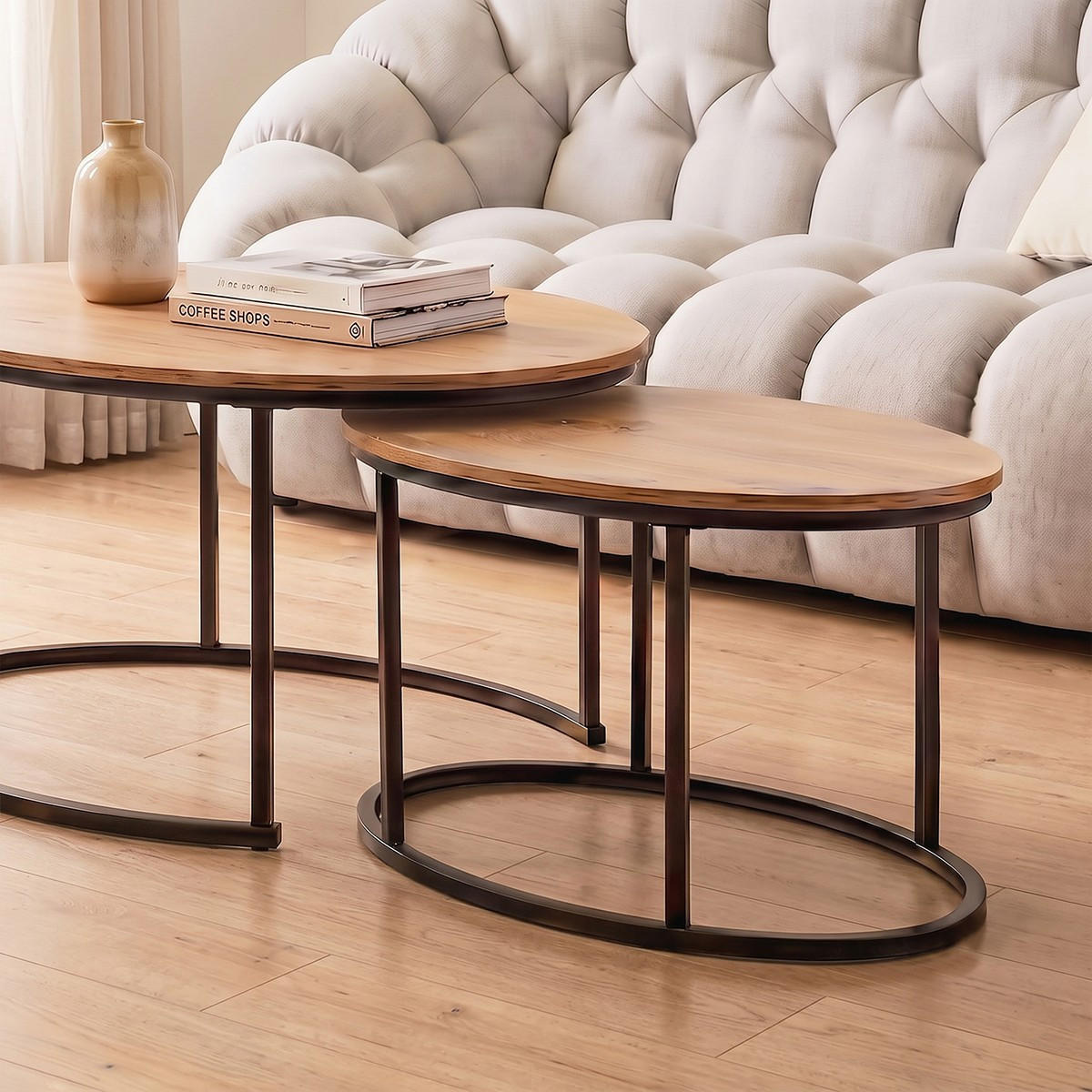 SET med 2 ovala soffbord i ekeffekt, 90 cm långa - LENNY - Askfärgad, Träbaserade material (66/60/45cm) - Calicosy