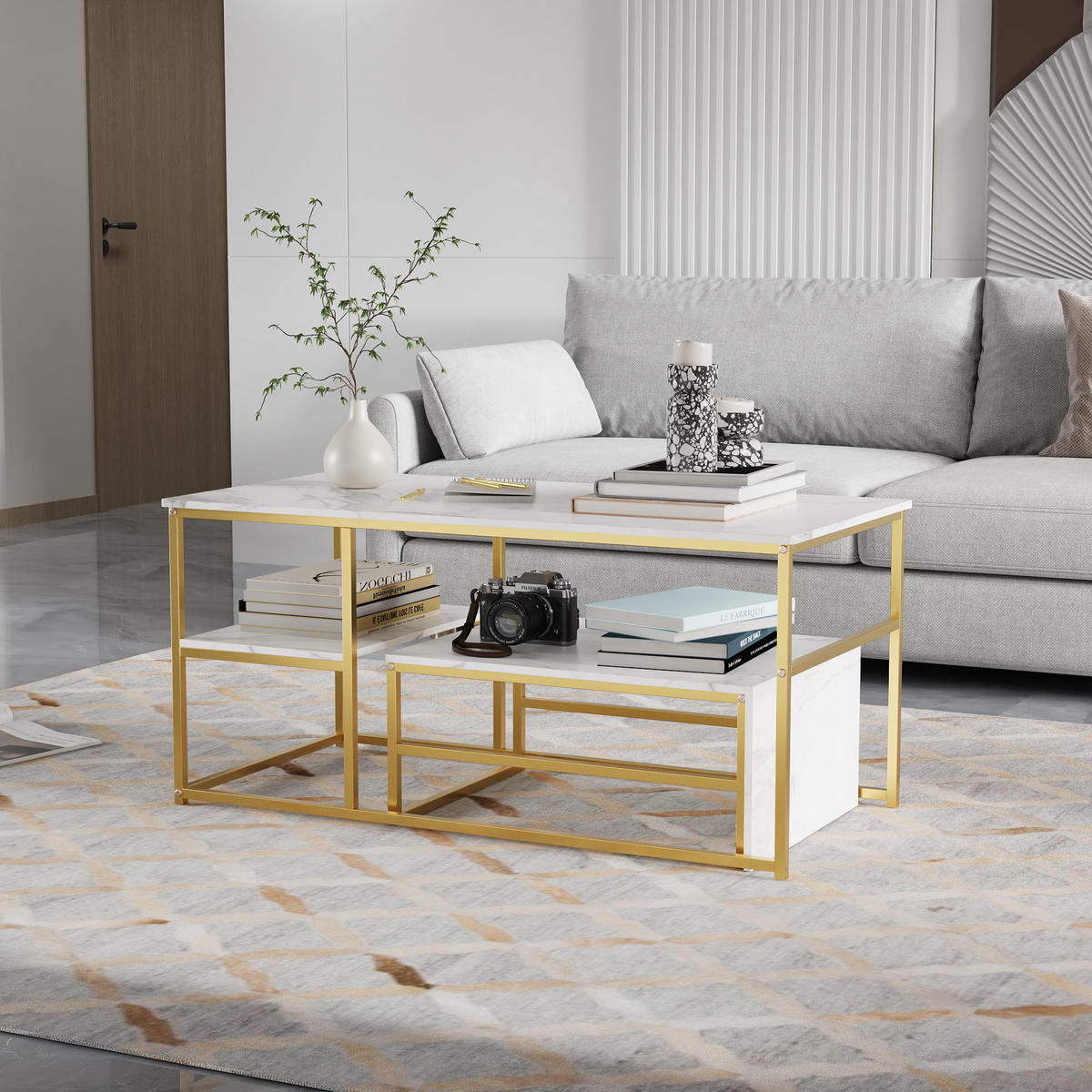2ER SET COUCHTISCH Marmor Weiß/Goldfarben - Goldfarben, Metall (105/52/48.5cm)