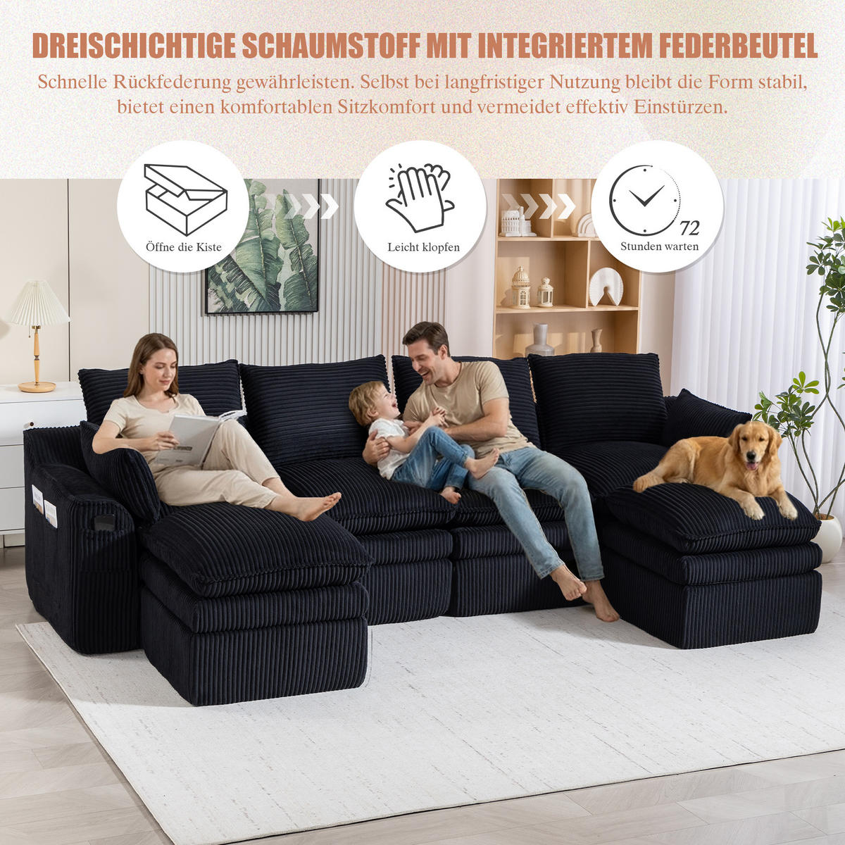 WOHNLANDSCHAFT Cord Schwarz mit Kissen und Seitentaschen - Schwarz, Textil (335/85/167cm) - WISHDOR