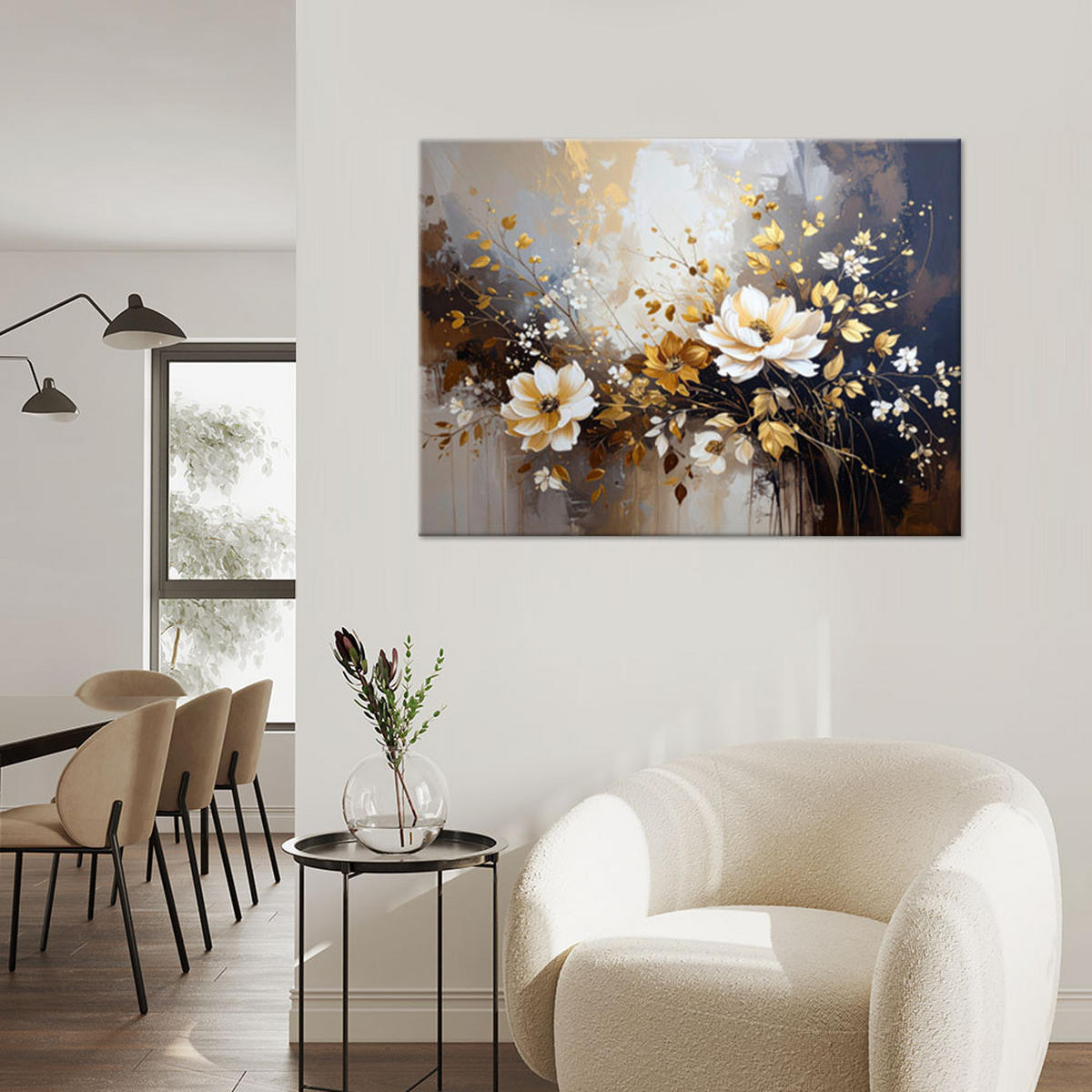 LEINWANDBILD, Weiße Blumen einer Pflanze auf beigem Hintergrund - Beige, Textil (100/70cm) - Feeby