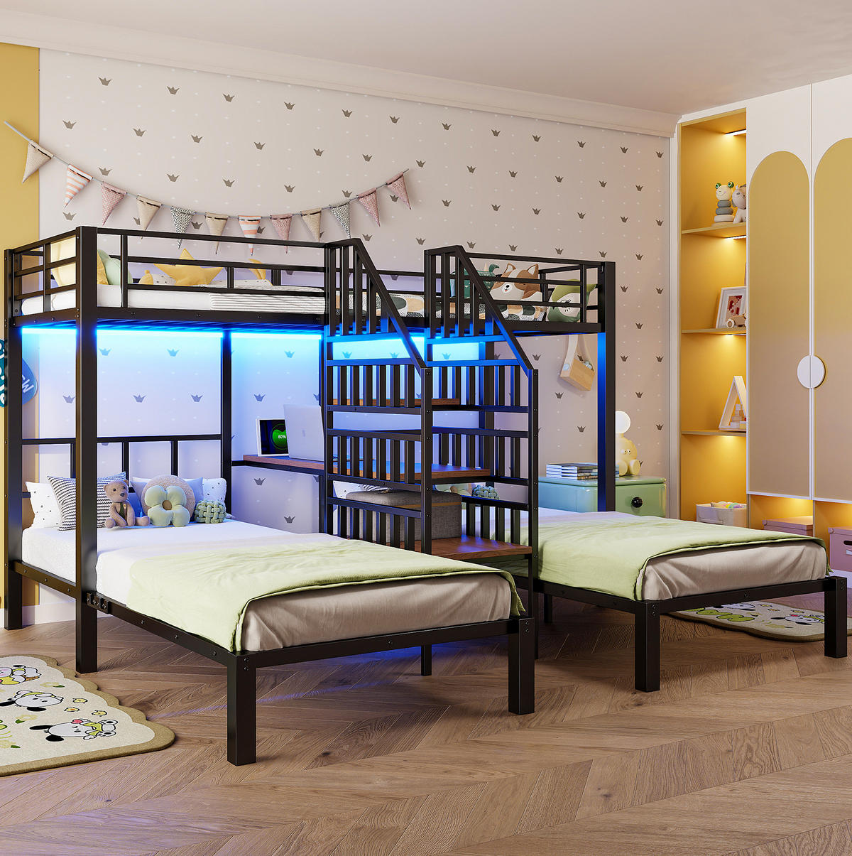 ETAGENBETT 90/200 cm mit LED-Beleuchtung, Schreibtisch, Stauraumtreppe, USB und Steckdose, Metall/MDF, Schwarz - Schwarz, Metall (90/200cm) - Redom