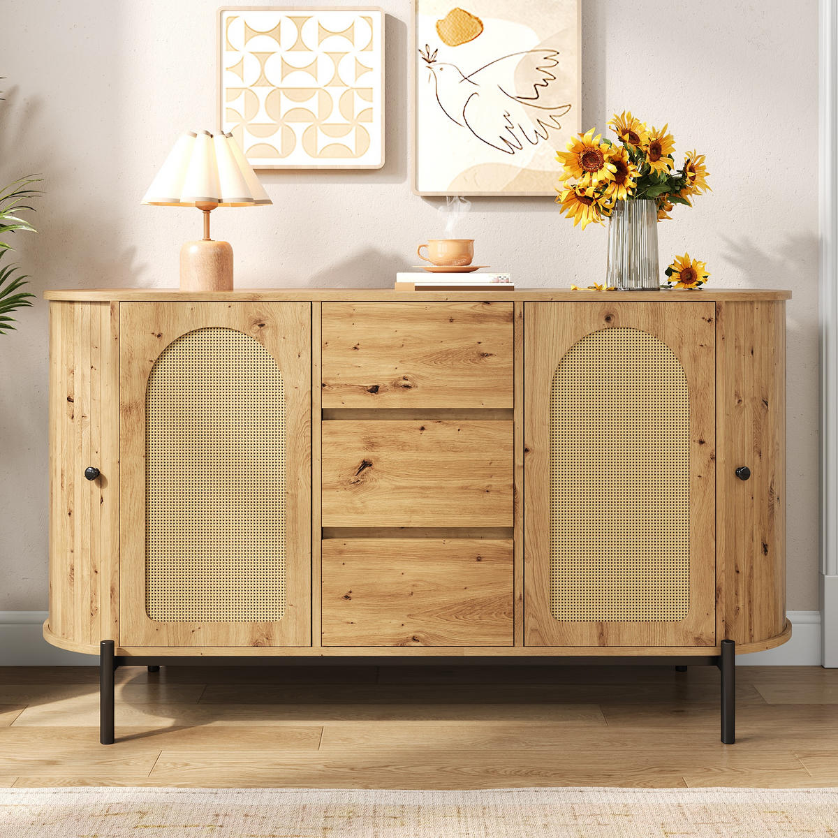 SIDEBOARD oval Rattan Holzoptik - Naturfarben, Holzwerkstoff (140/77.5/38cm)