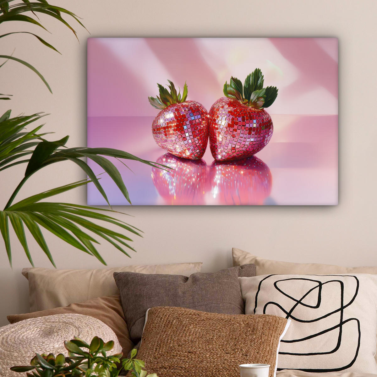 LEINWANDBILD Disco - Obst - Glitzer - Erdbeere Wanddeko 90x60 cm - Pink, Textil (90/60cm) - MuchoWow