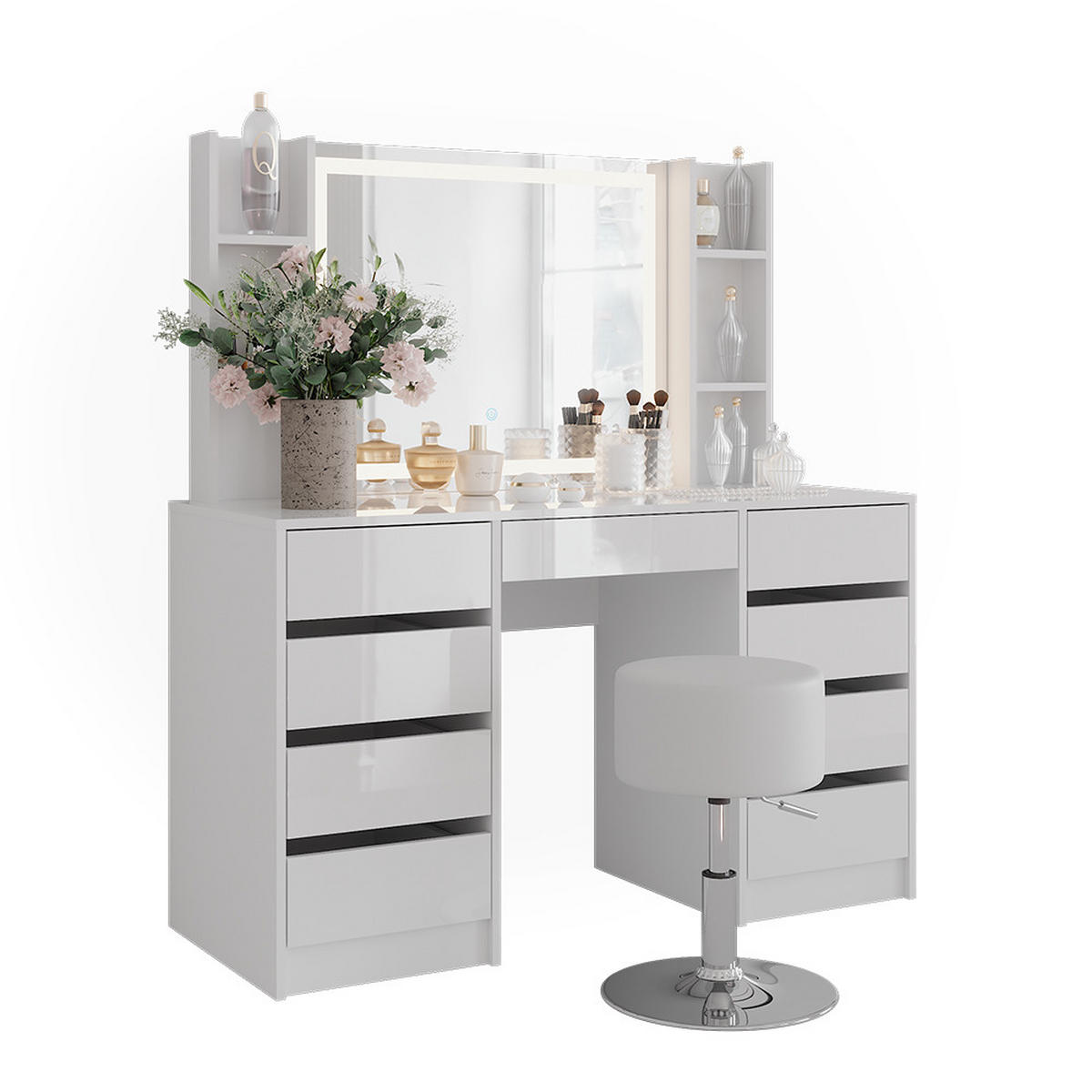 SCHMINKTISCH Sherry Weiß/Weiß Hochglanz 128.2 cm 5 Teile - Weiß Hochglanz, Holzwerkstoff (128.2/76/50.1cm) - Vicco