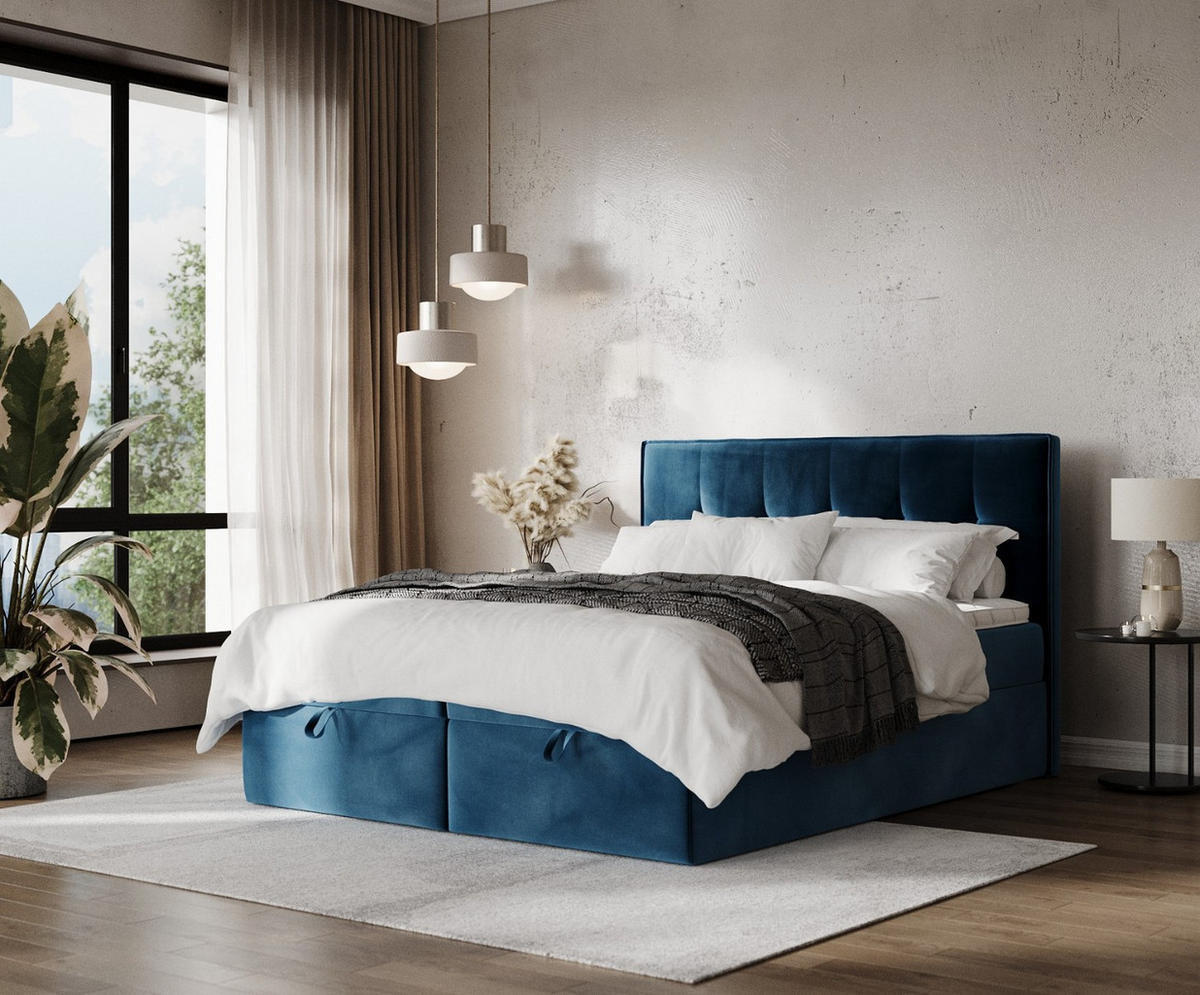 BOXBETT Tivra 200/200 cm Dunkelblau im Kronos Stoff - Schwarz/Dunkelblau, Holz/Holzwerkstoff (200/200cm) - AltaBeds