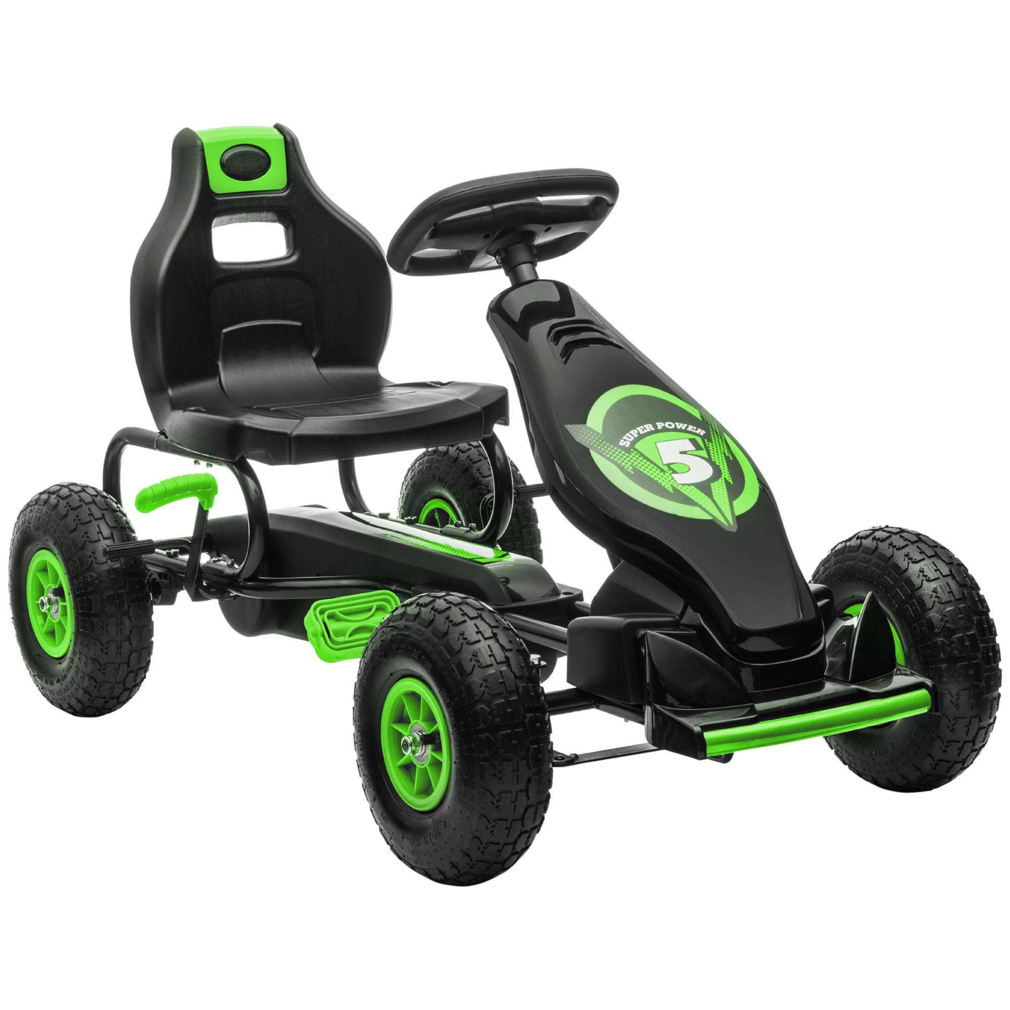 HOMCOM GOKART, dětské vozidlo s nastavitelným sedadlem, šlapací autíčko, zelené+černé