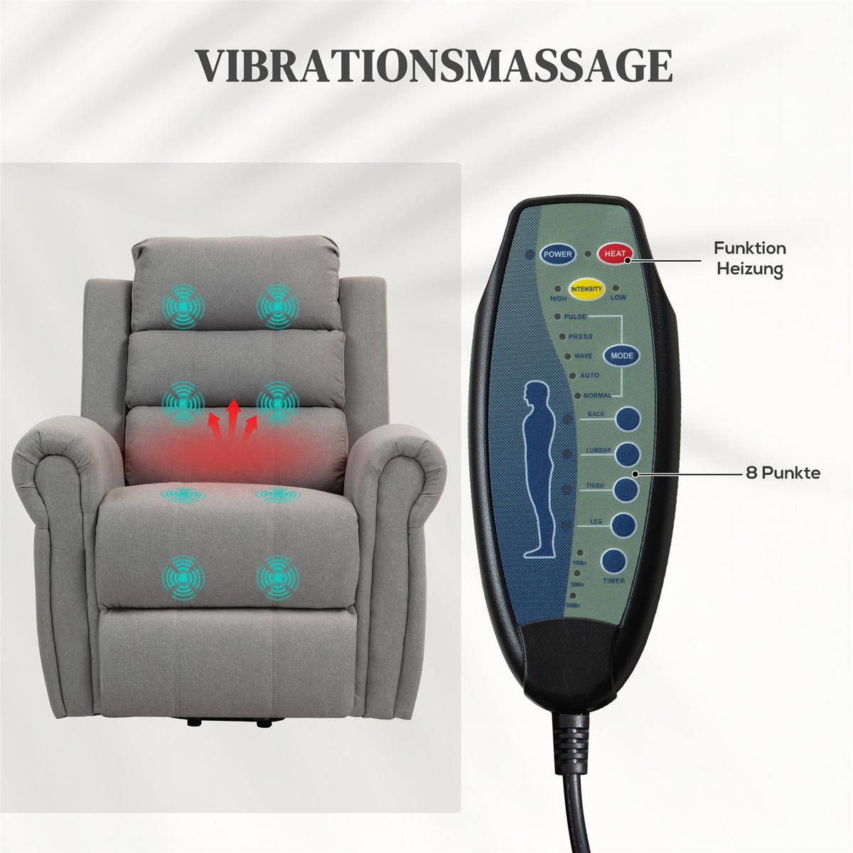 FERNSEHSESSEL elektrisch Aufstehhilfe Massage Heizfunktion - Grau, Textil (89/106/91cm) - Kaket