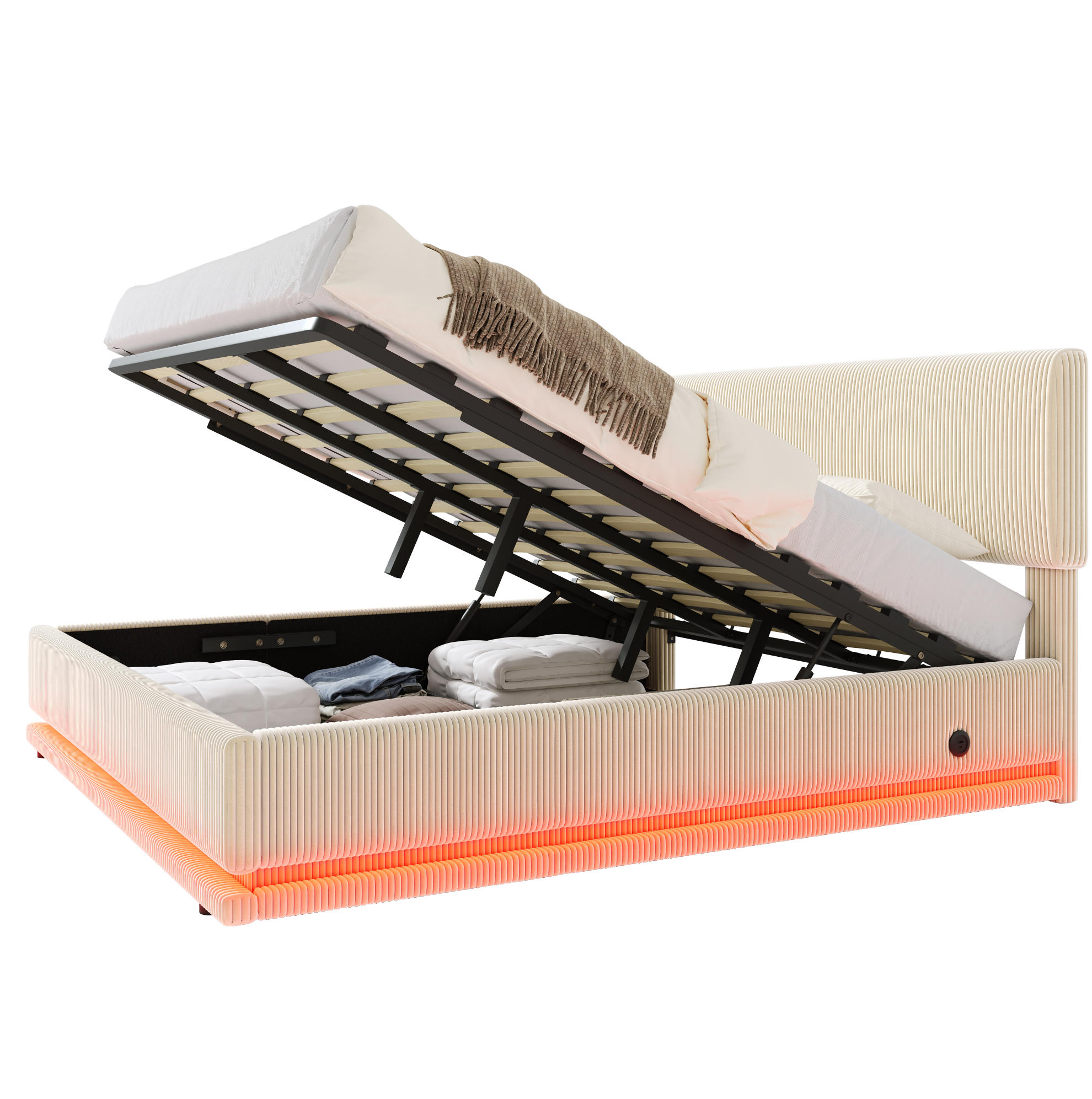 POLSTERBETT 180/200 cm mit LED-Beleuchtung, USB-C-Anschluss, höhenverstellbarem Kopfteil und Stauraum, Beige - Beige, Textil (180/200cm) - Redom