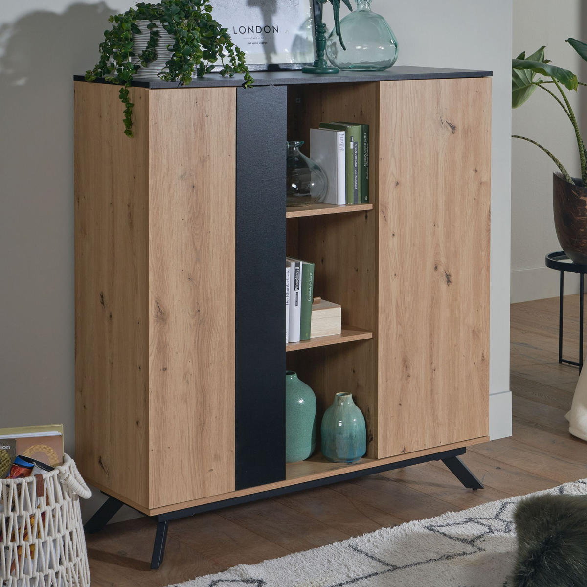 KOMMODE – Eichedekor, 6 Fächer, magnetische Stopper, pflegeleicht - Schwarz/Braun, Holz/Metall (110/125/40cm) - KADIMA DESIGN
