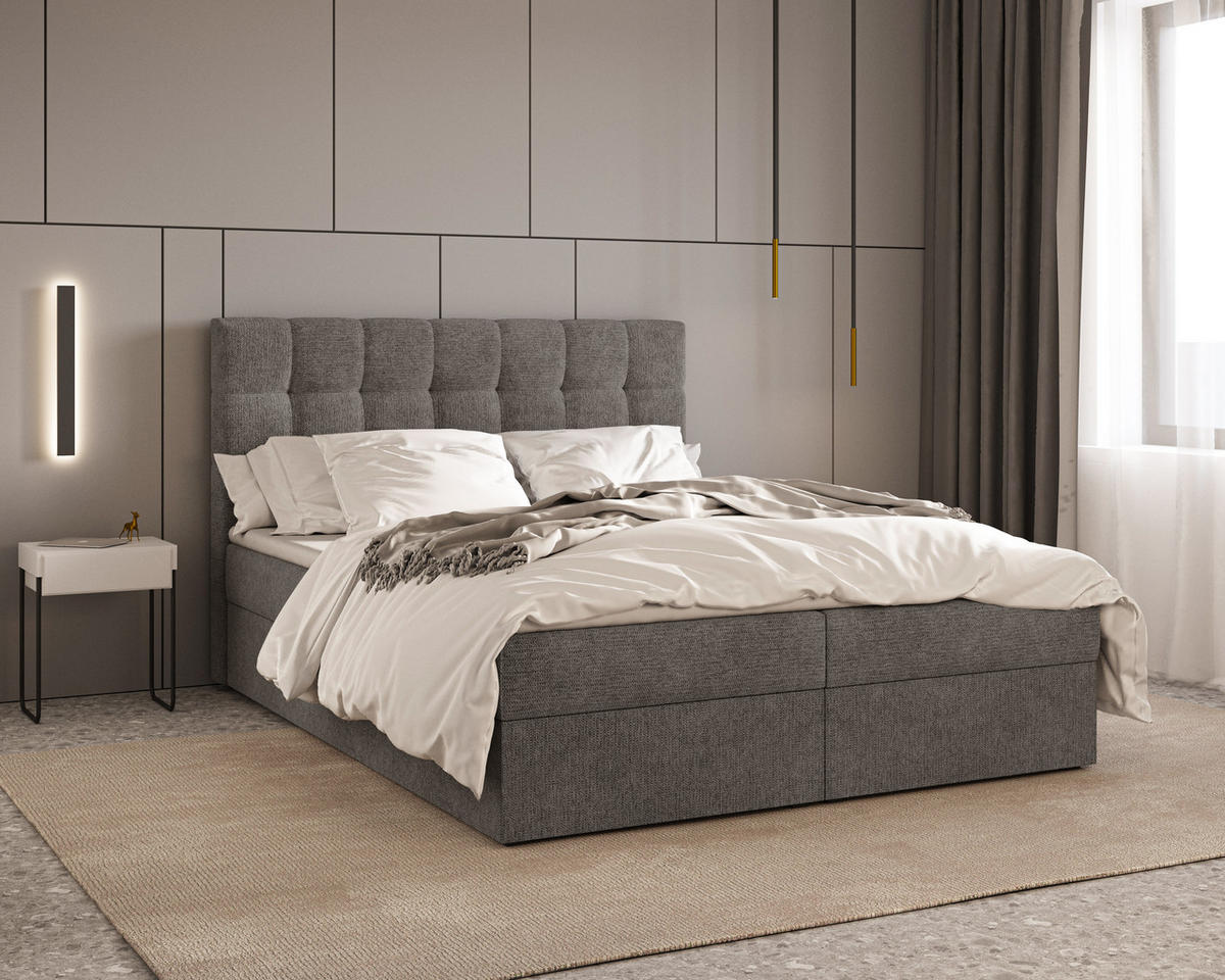 BOXBETT - Bett 05 OSLO - Aragon - 140x200 cm - mit Bettkasten und Komfort-Topper - Grau, Holz (140/200cm) - ROYAL24_MARKT