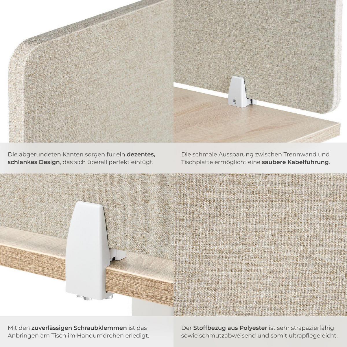TRENNWAND für Schreibtisch Noisy,inkl. 2 Befestigungsklemmen,beige - Beige, Kunststoff (2.2/160/40cm) - tectake