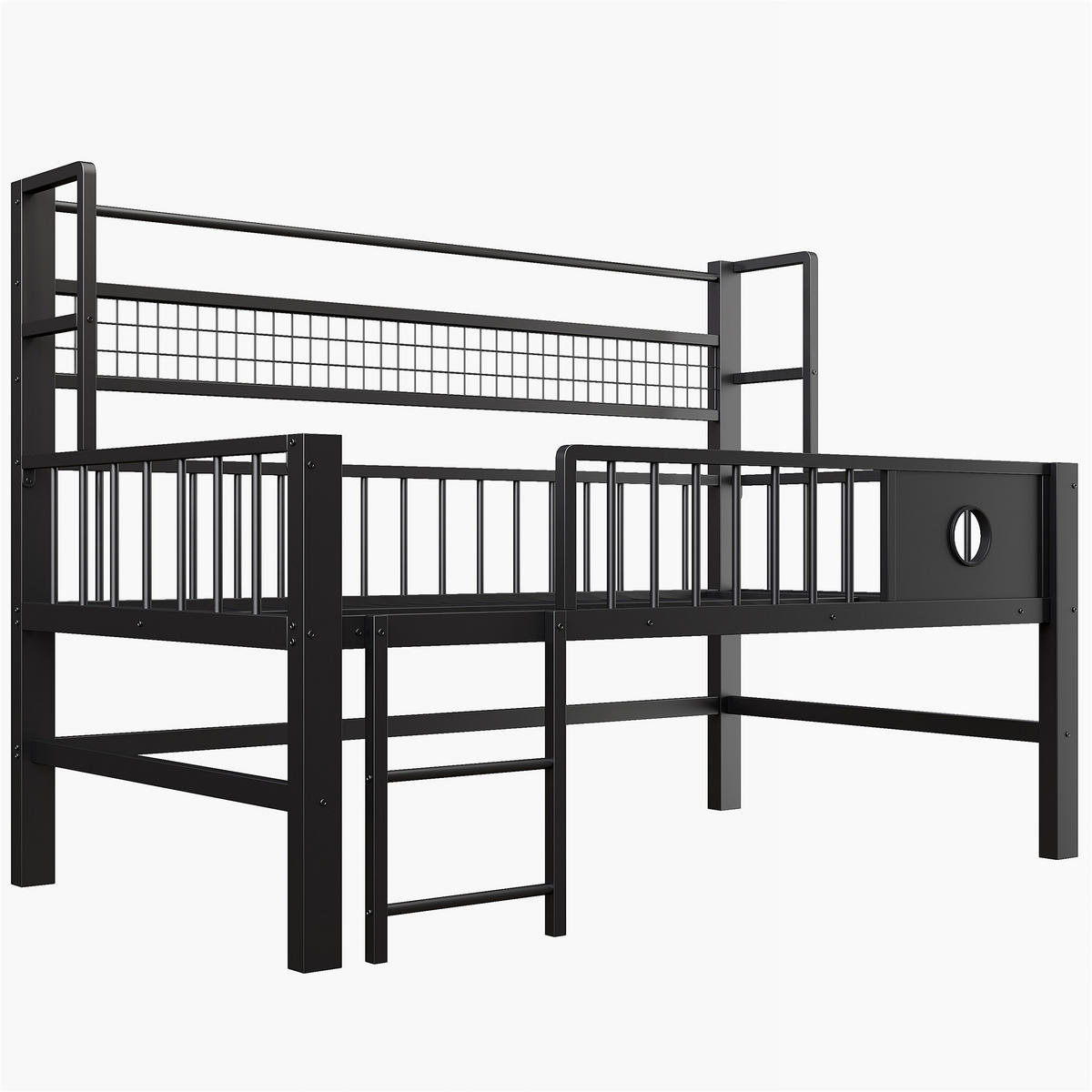 KINDEREINZELBETTEN aus Metall 90x200 cm in Schwarz mit Sicherheitsgitter & Stauraum - Schwarz, Metall (90/200cm) - Modfu