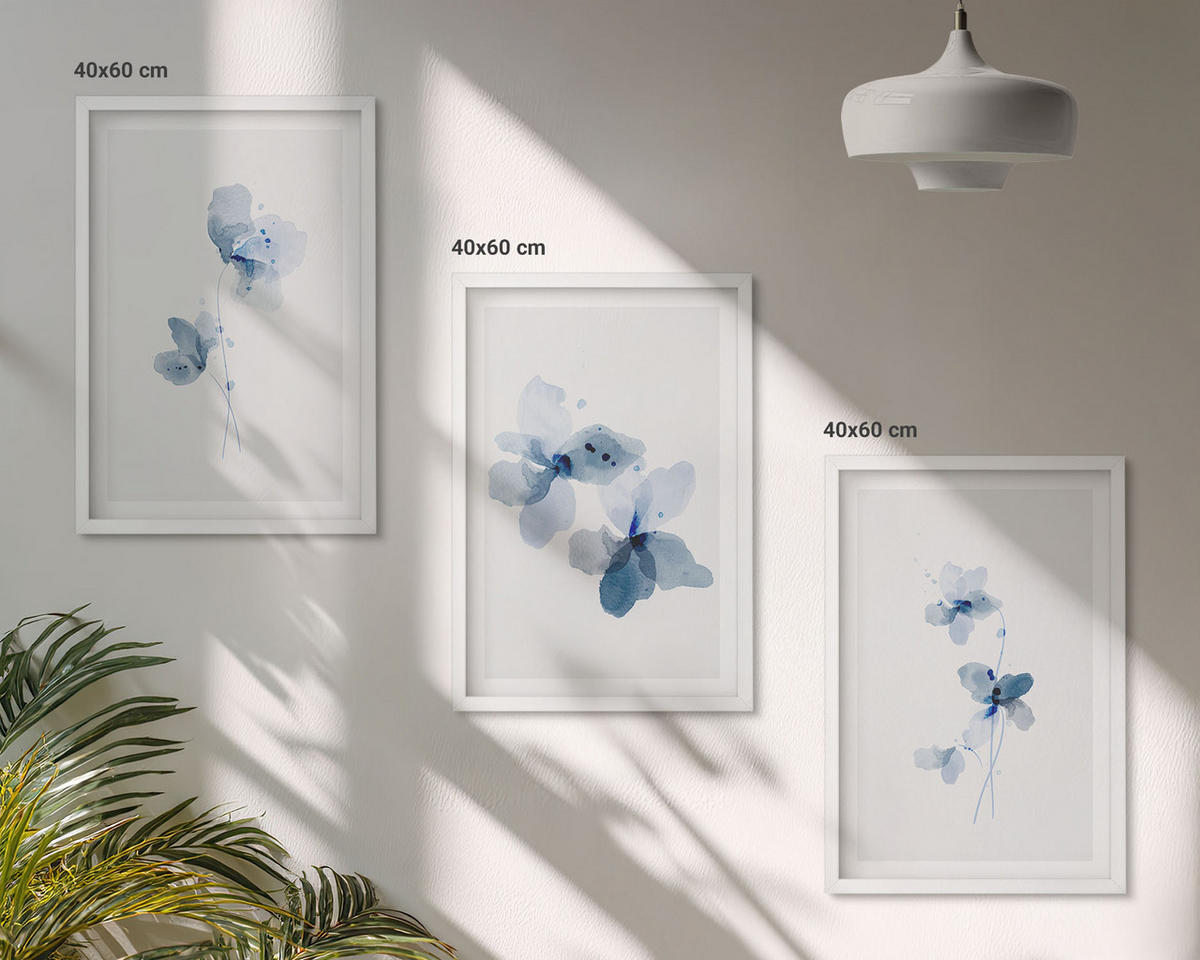 WANDBILDER 3er-Set - 40x60 cm Weißer Rahmen - Blaue Blumen - Weiß, Kunststoff (40/60cm) - ArtPrintCave