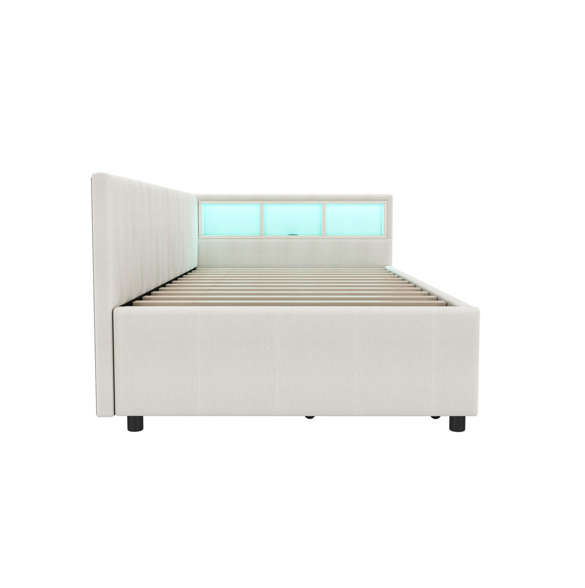 ČALÚNENÁ posteľ z ľanu a MDF 90x200 cm béžová s LED osvetlením, USB+Type C a úložným priestorom - béžová, textil (90/200cm) - Modfu