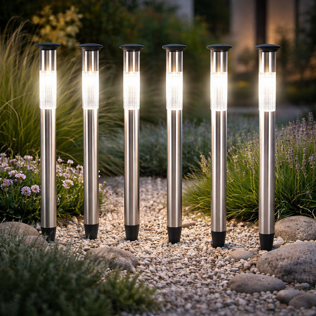 LED AUSSENLEUCHTE Solar Edelstahl Silber 6er Set - Silberfarben, Metall (5/5/70cm) - Globo Lighting