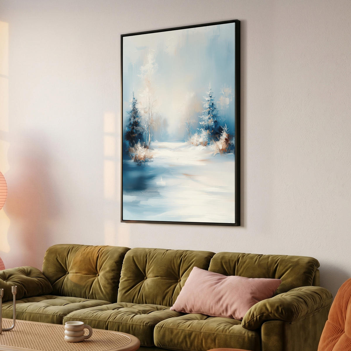 LEINWAND Bilder mit Rahmen - Wald – Winter – Natur – Abstrakt – Schnee - 80x120 - Weiß, Textil (80/120cm) - MuchoWow