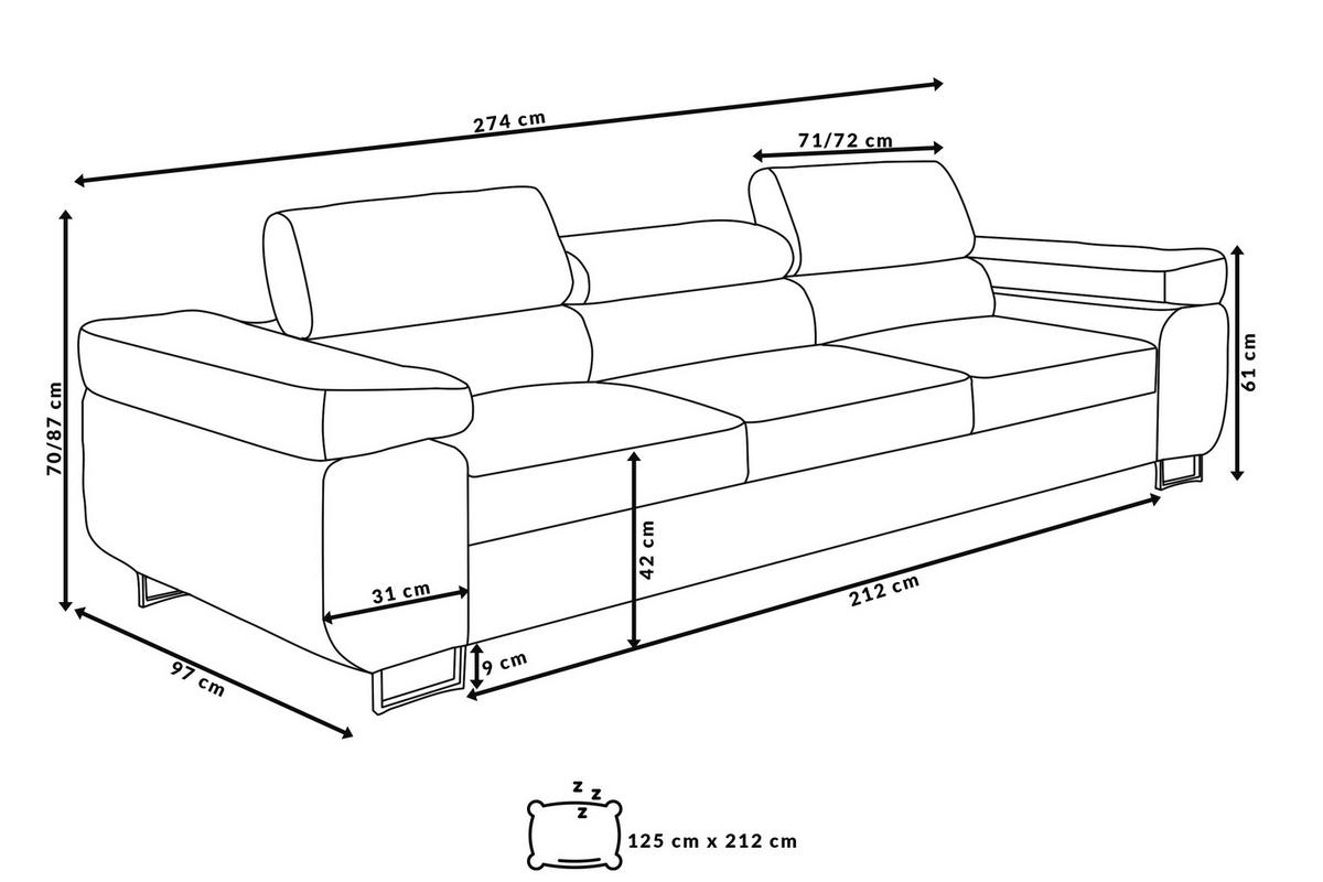 SOFA Marlene II 274 x 97 cm, mit verstellbaren Kopfstützen Schlaffunktion Wohnzimmersofa 3 Sitzer, hellgrau - Hellgrau, Kunststoff (274/87/97cm) - Margaret Hadas24