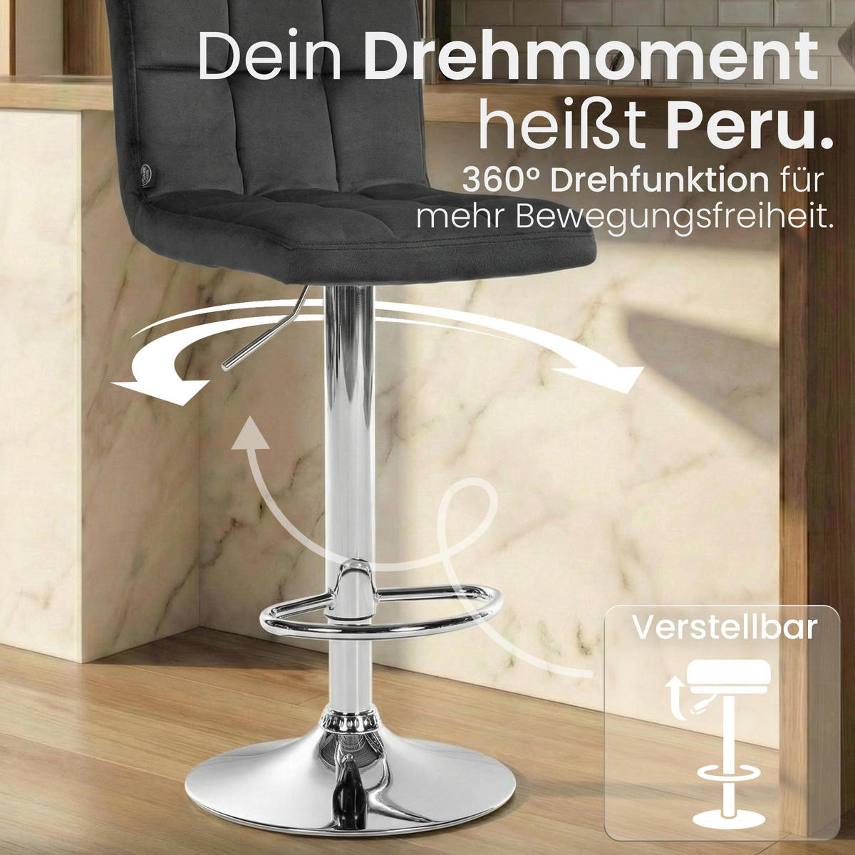 BARHOCKER Samt dunkelgrau - Chromfarben/Dunkelgrau, Textil/Metall (46/94/47cm) - CLP