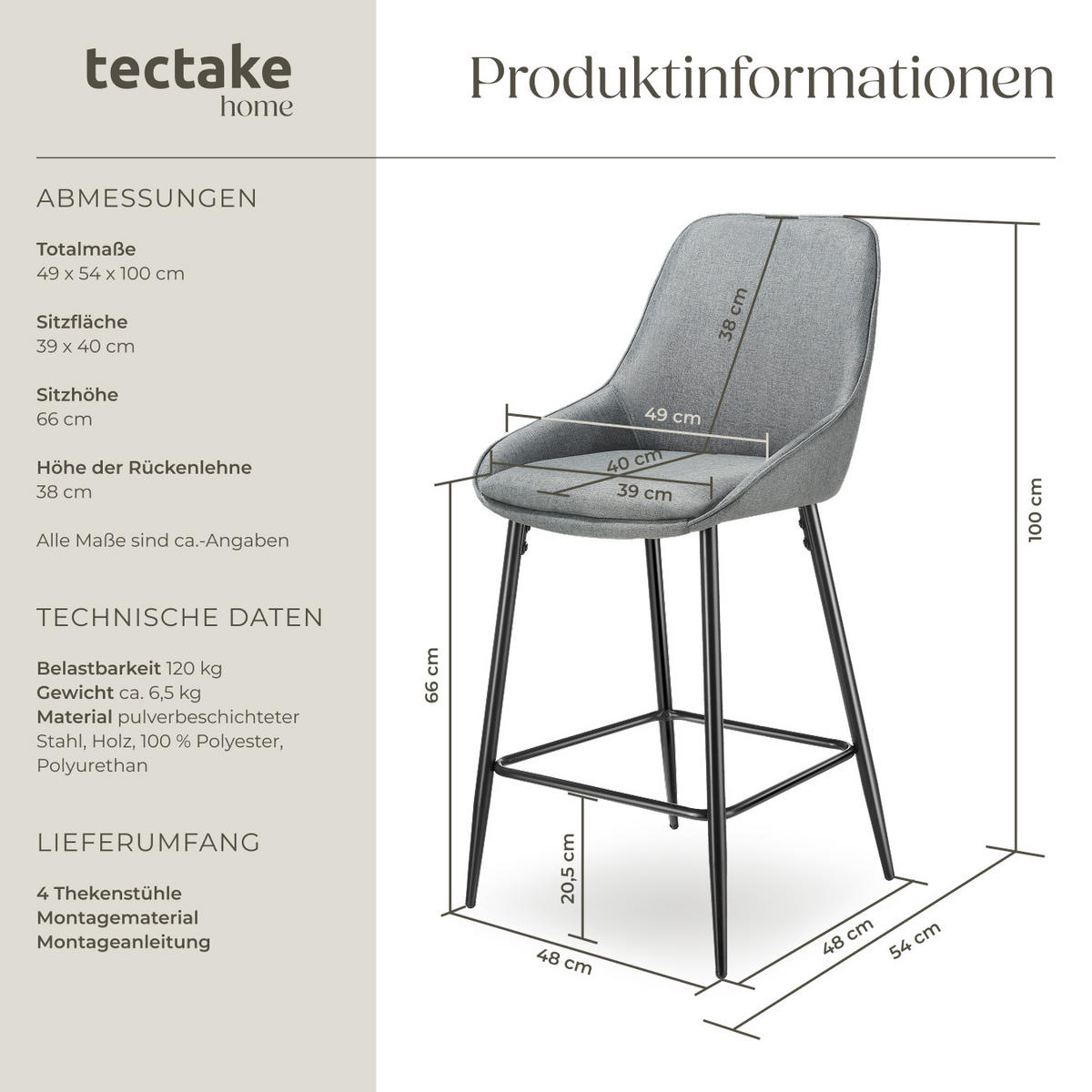 THEKENSTUHL Siera,49 x 54 x 100 cm, Belastbarkeit 120 kg,Webstoff grau/schwarz - Schwarz/Grau, Kunststoff (49/100/54cm) - tectake