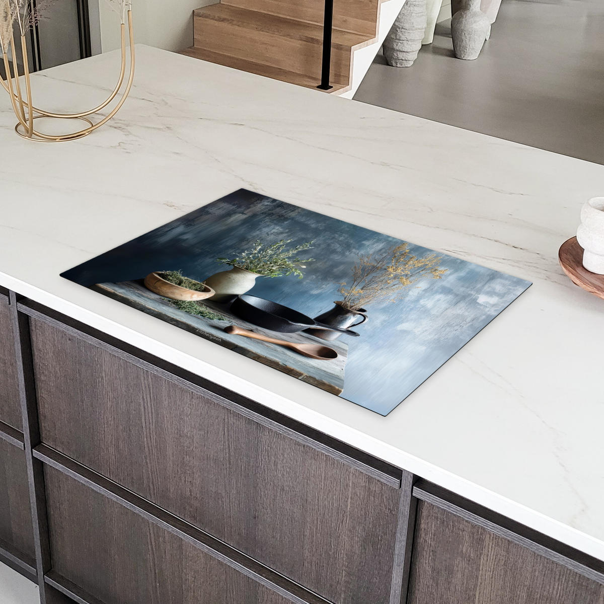 HERDABDECKPLATTE Stilleben - Kräuter - Rustikal Induktionsschutz 81.6x52.7 cm - Blaugrau, Kunststoff (81.6/52.7/0.2cm) - MuchoWow
