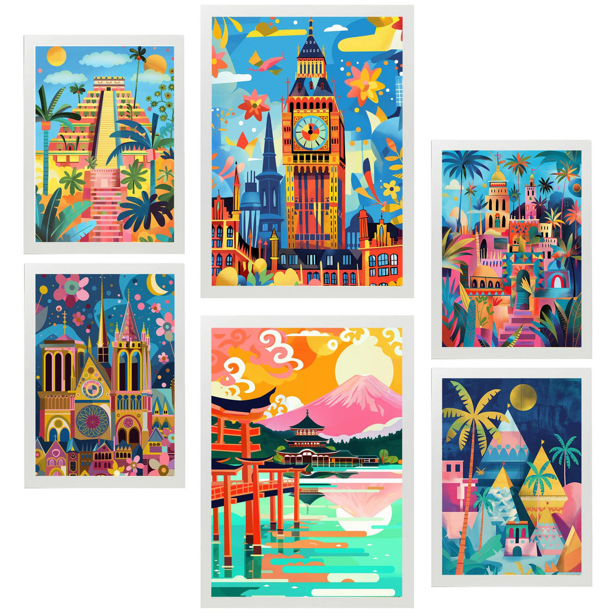 POSTER Set Mit 6 Von Mary Blair Inspirierte Luxor Big Ben Ägypten Chichen Itza Notre Dame Itsukushim A3 & A4 Weißer Rahmen - Weiß, Papier (29/3cm) - Nacnic