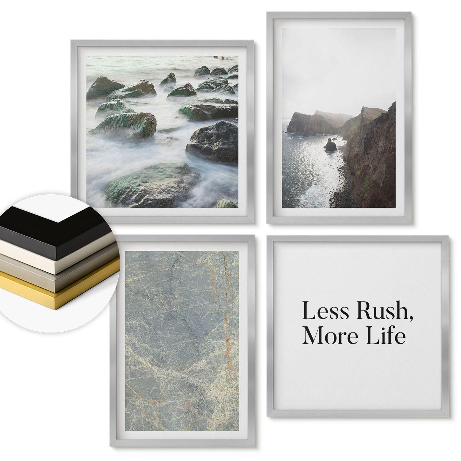 WANDBILDER 4er Set - 50x50 cm & 40x60 cm Silberner Rahmen - Grüner Marmor Melancholie - Silberfarben, Kunststoff (50/50cm) - ArtPrintCave