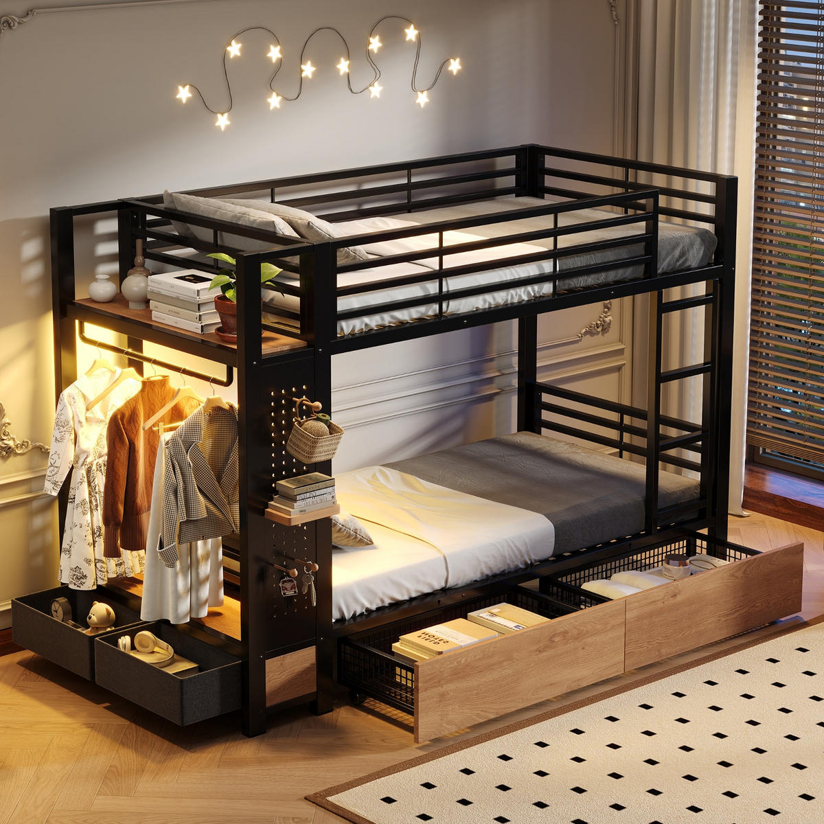 ETAGENBETT 90/200 cm Schwarz mit 4 Schubladen, LED-Lichtleiste und Kleiderstange - Schwarz, Metall (90/200cm) - Oxeza