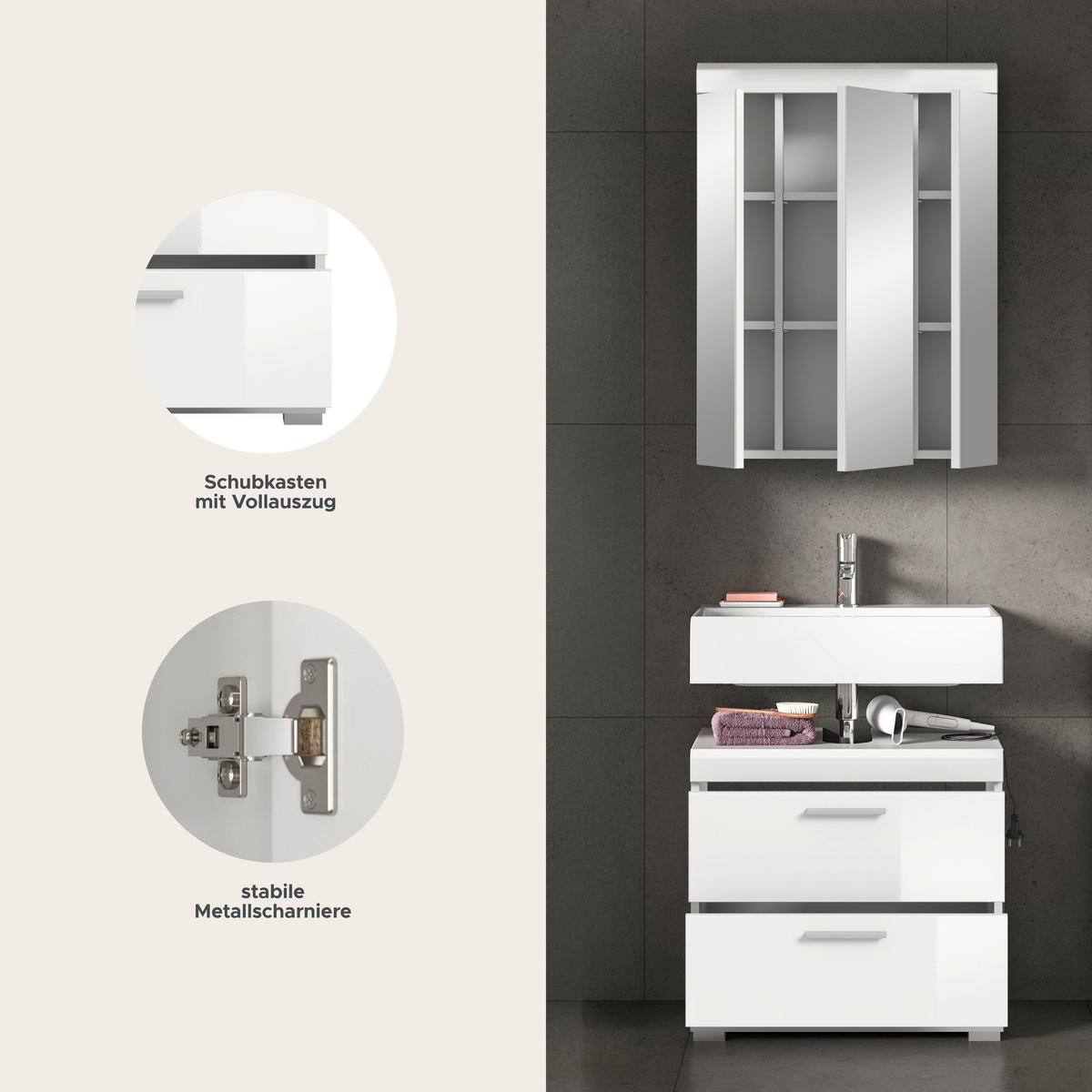 BADKOMBINATION 2tlg. Scout Bad in weiß Nachbildung und weiß hochglanz B/H/T: 60x191x34 cm - Weiß, Holz (60/191/34cm)