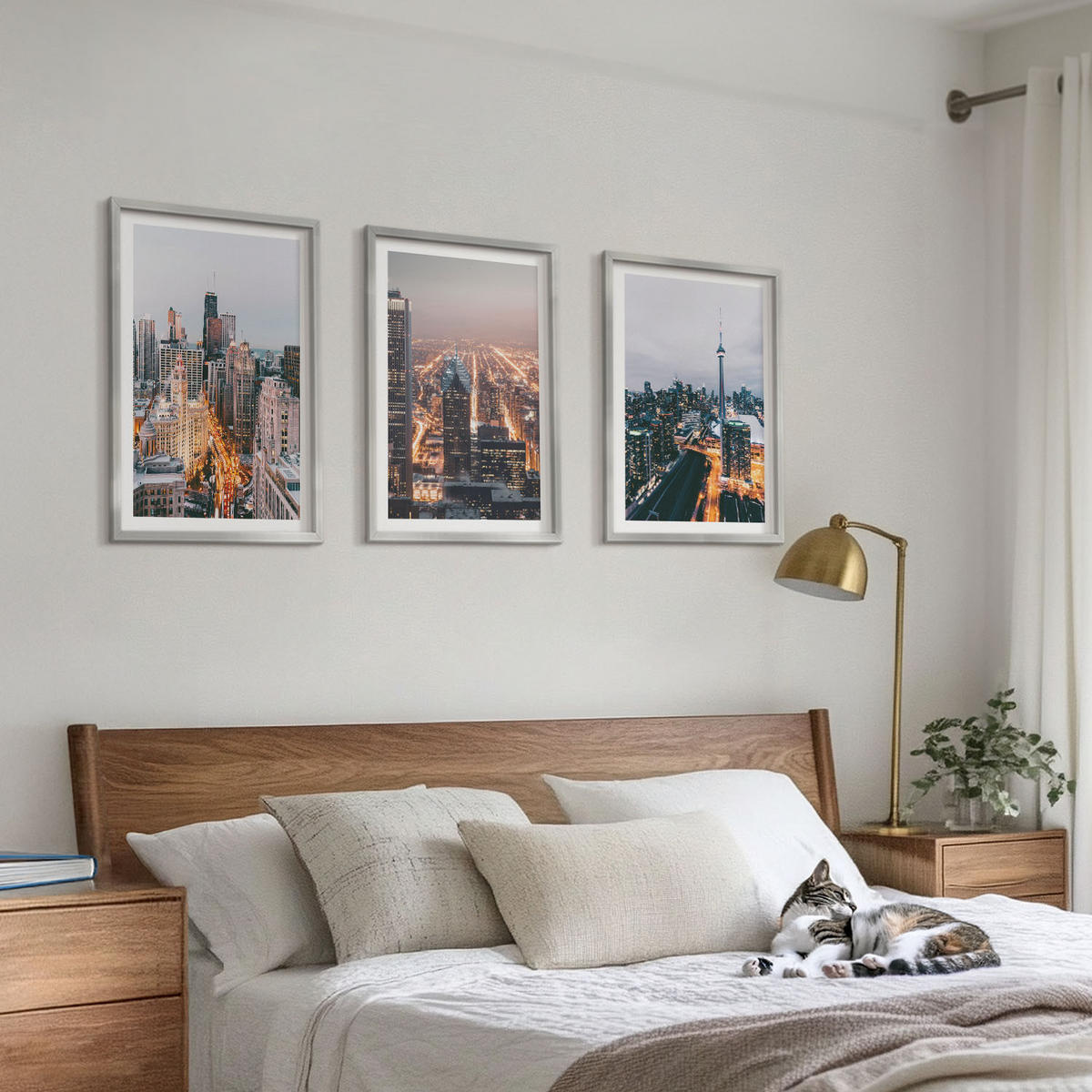 WANDBILDER 3er Set - 40x60 cm Silberner Rahmen - Städte bei Nacht, Wolkenkratzer, Lichter - Silberfarben, Kunststoff (40/60cm) - ArtPrintCave