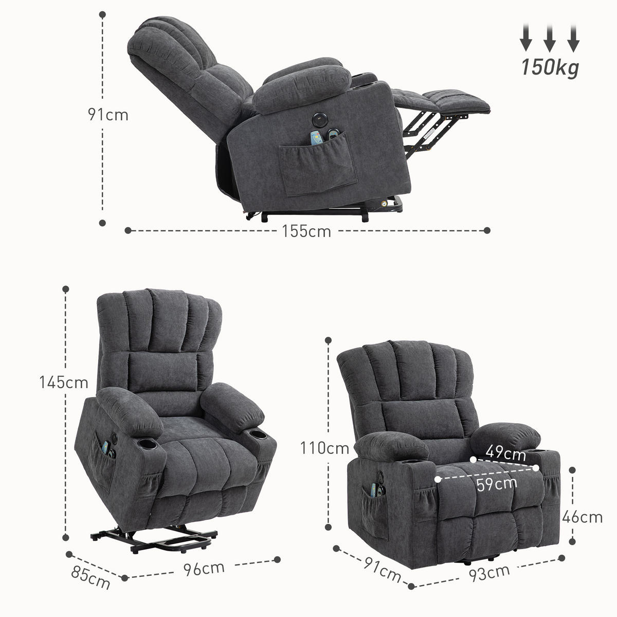 FERNSEHSESSEL mit Aufstehhilfe Relaxsessel mit Liege-, Heiz- und Massagefunktion - Dunkelgrau/Schwarz, Textil/Metall (91/110/93cm) - HOMCOM