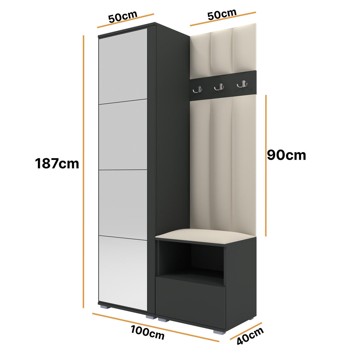 GEPOLSTERT Garderoben-Set Nela I LUX (Spiegel – Farbe Graphit + Stoff Trinity 01) - Silberfarben/Creme, Holz/Holzwerkstoff (100/187/40cm) - Ravio