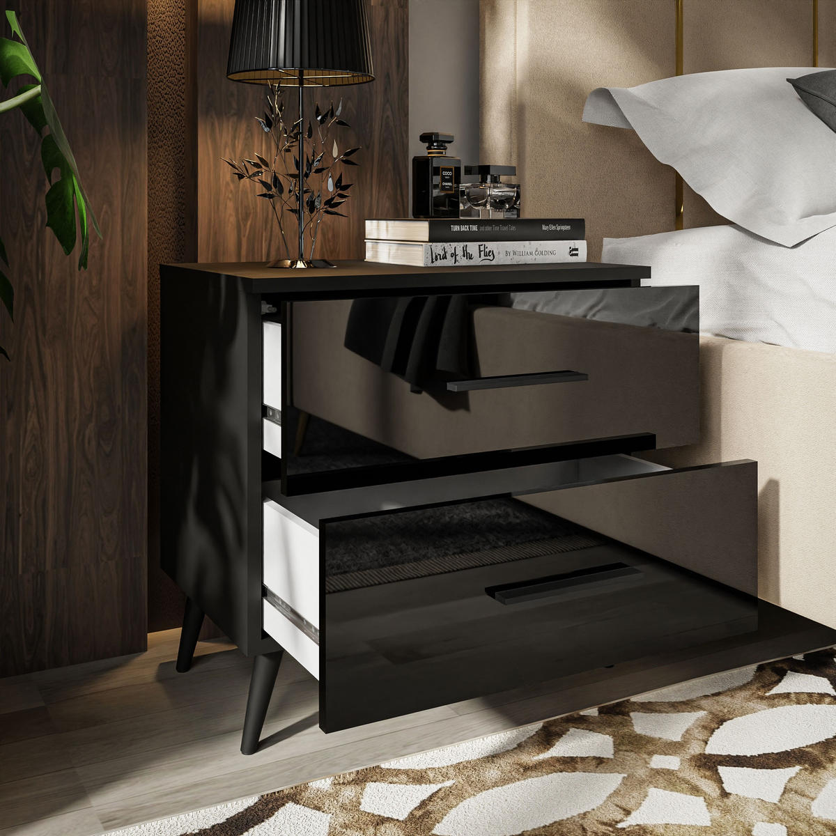 NACHTTISCH AURA mit Griffen, schwarzen Beinen - Schwarz, Holzwerkstoff (55/54/37cm) - Lookway