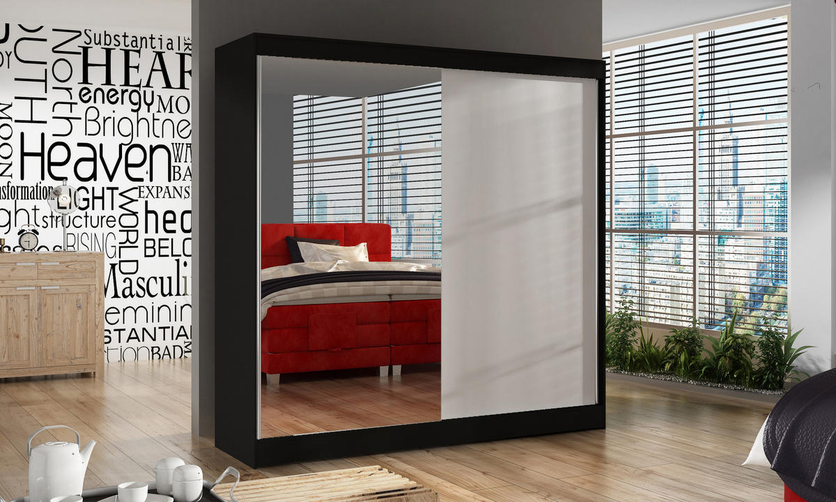 SCHWEBETÜRENSCHRANK Basti I - 200 cm - Schwarz/Weiß, Holzwerkstoff/Metall (200/215/58cm) - Sofnet