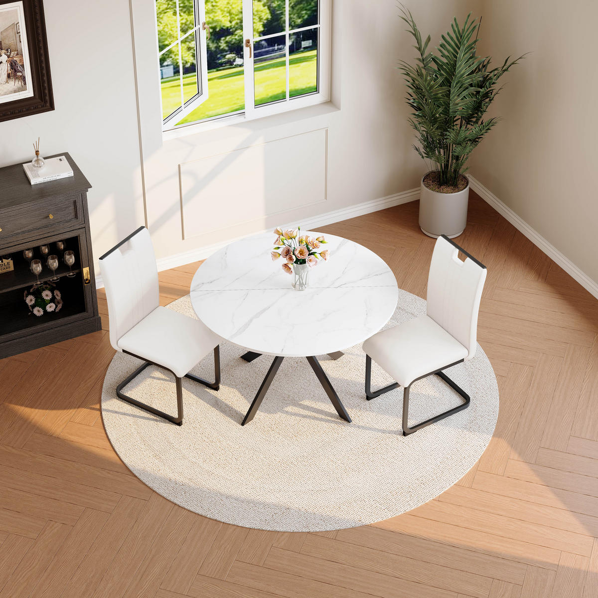ESSGRUPPE DE-39511 3-teilig, runder Marmortisch Weiß - Weiß, Holzwerkstoff (110/75/110cm) - ComfortXL