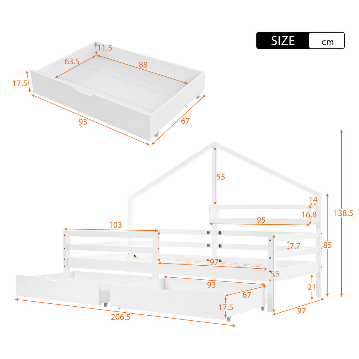 HAUSBETT 90/200 cm Weiß mit Schubladen aus Kiefernholz - Weiß, Holzwerkstoff (90/200cm) - OKWISH