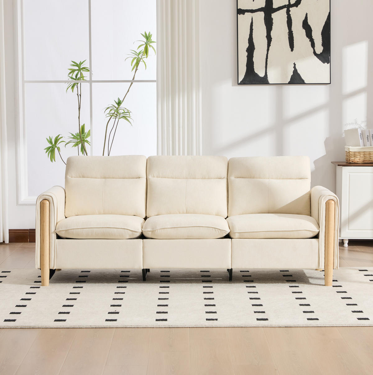 SOFA 201/77/86 cm in Beige aus Chenille mit Stauraumhocker - Beige, Textil (77/86/201cm) - Flora Grace