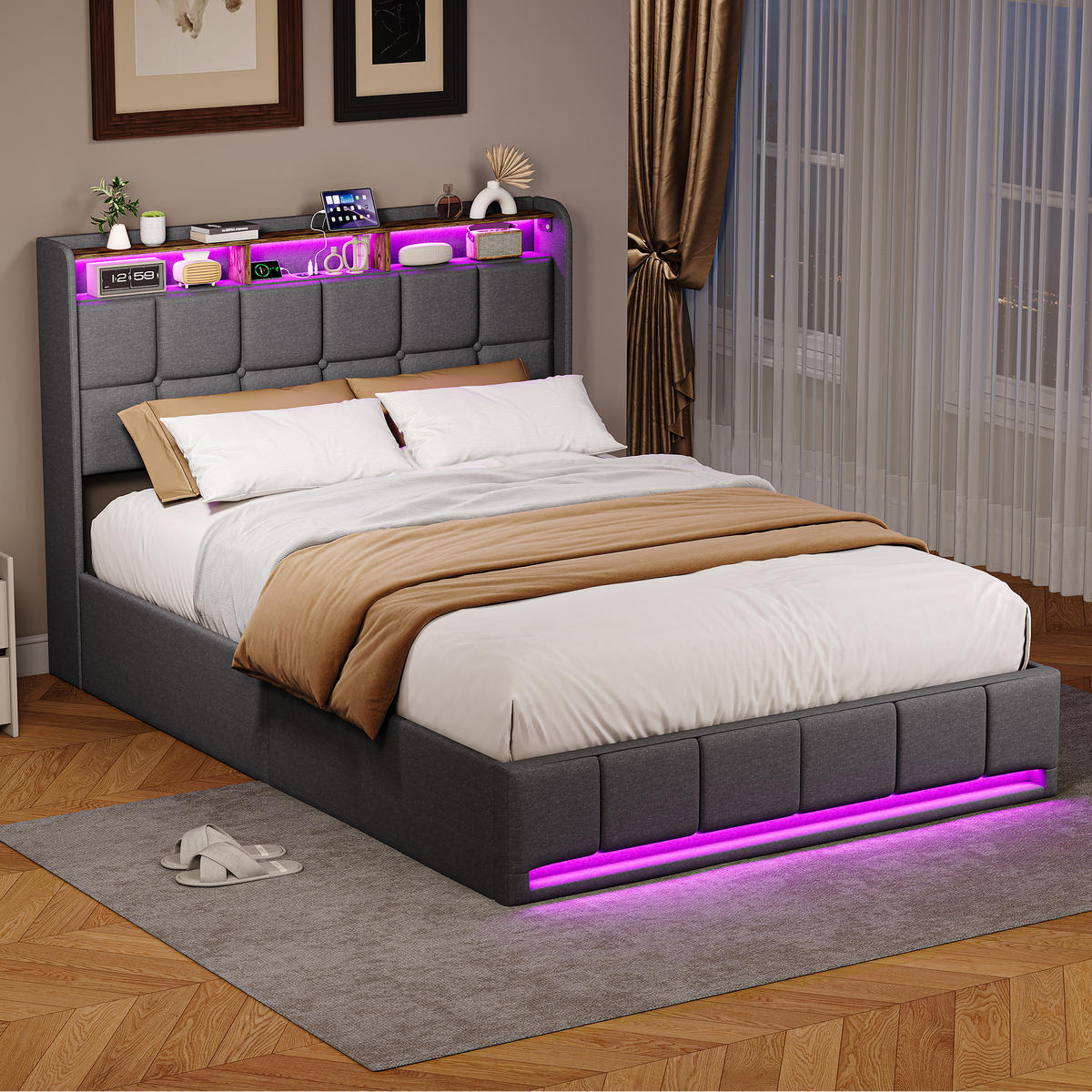 POLSTERBETT 140x190cm Grau Leinen Pneumatik LED USB-C - Grau, Metall - SHOPENTRA