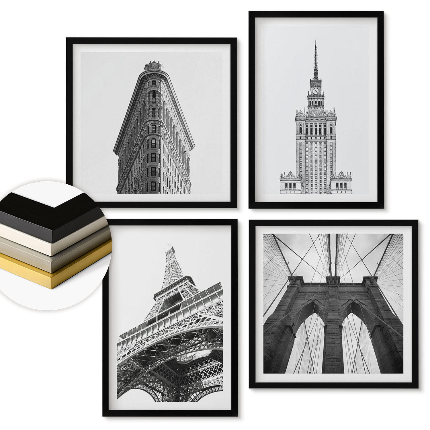 WANDBILDER 4er-Set - 50x50 cm & 40x60 cm Schwarzer Rahmen - Architektur Schwarz-Weiß-Minimalismus - Schwarz, Kunststoff (50/50cm) - ArtPrintCave