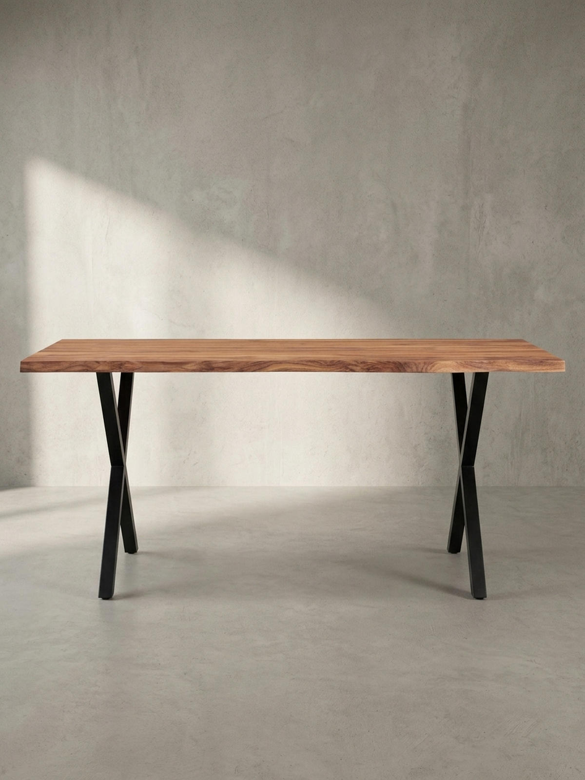 SCHREIBTISCH Massivholz X-Gestell Baumkante Handgefertigt KRETA, Goldbraun-Schwarz 200x100x76 cm - Schwarz/Braun, Holz/Metall (100/200/76cm) - KADIMA DESIGN