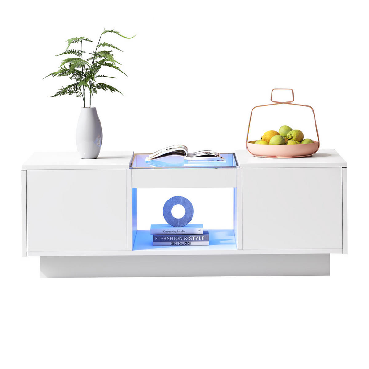 COUCHTISCH 100x50cm Weiß LED App Glas 2 Schubladen 1 Fach Modern - Weiß, Holz (106/60.5/17cm) - FLIEKS