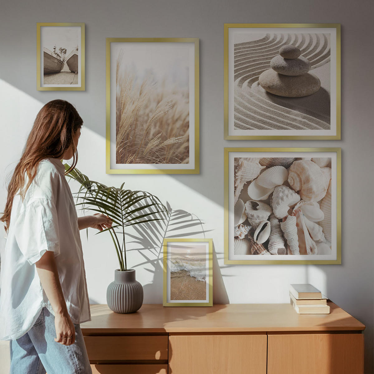 WANDBILDER 5er Set - 50x50 cm & 20x30 cm & 40x60 cm Goldrahmen - Wolkenmeer, Traumfänger, Gras - Goldfarben, Kunststoff (40/60cm) - ArtPrintCave