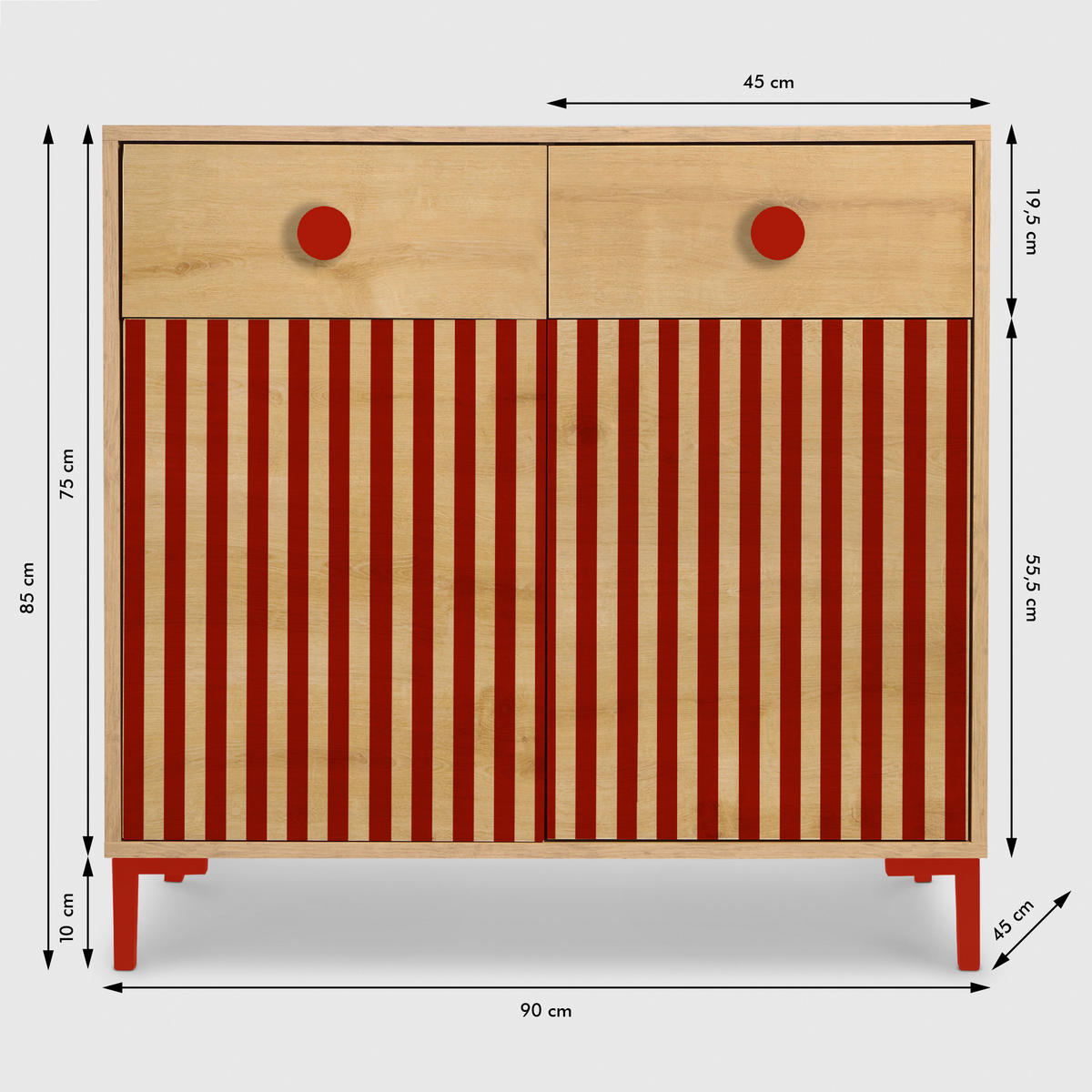 KOMMODE mit 2 Türen und 2 Schubladen ALISE Kids - Rot/Eiche Artisan, Holzwerkstoff (90/85/45cm) - RNT By Really Nice Things