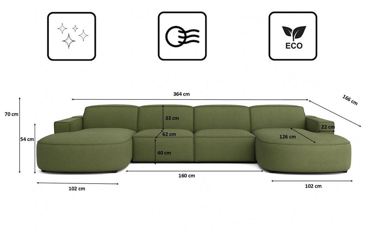 ECKSOFA Cursal Round U-Form, Stoff Artico, Moss - Grün, Holz (364/166cm) - Kaiser Möbel
