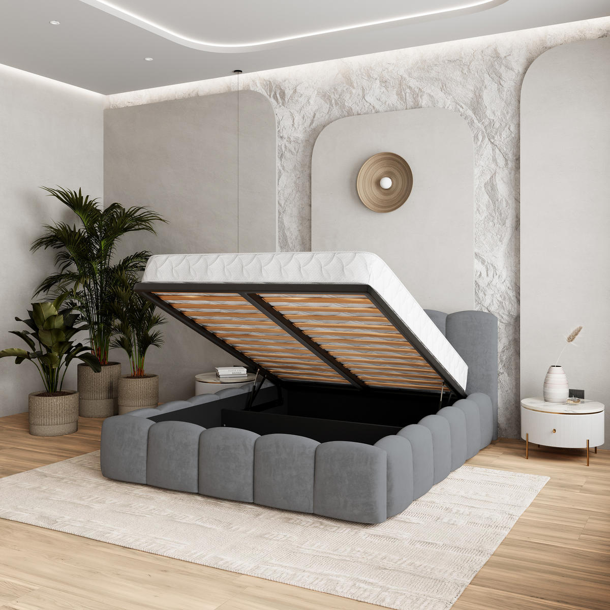 POLSTERBETT FALINA 160x200 cm mit Bettkästen - Grau - Grau, Holz (160/200cm) - MASSENO