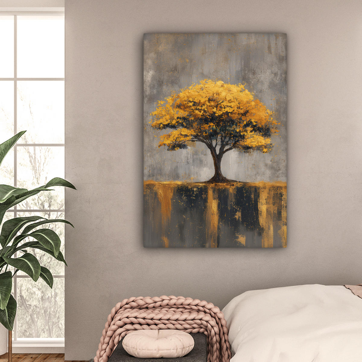 LEINWANDBILD Baum - Blätter - Gold - Abstrakt Deko Groß 90x140 cm - Grau, Textil (90/140cm) - MuchoWow