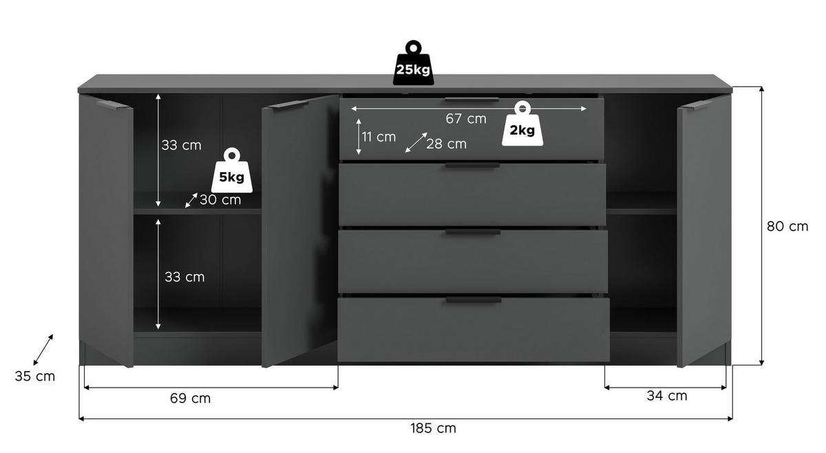 KOMMODE Alvas (B/H/T: ca. 185/80/35 cm) in anthrazit/anthrazit - Anthrazit, Holzwerkstoff (185/80/35cm)